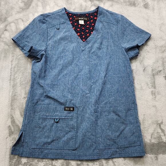 Koi Basics Top Womens XS Heathered Blue Becca V-Neck Cell Phone Pocket Scrubs - Picture 1 of 10